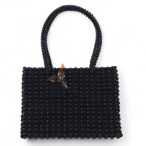 Artisan Handmade Vietnam Black Caviar Beaded Handbag Amber Floral Brooch Vtg MCM